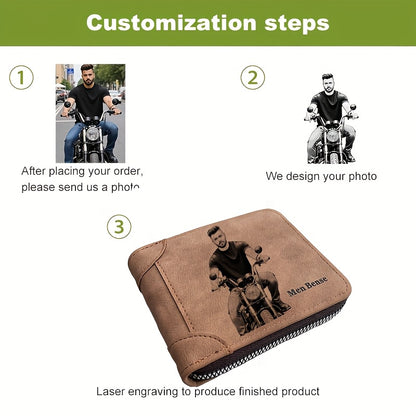 Personalized Men'S Wallet Photo Engraving Custom Faux Leather Zipper Wallet Fashionable Minimalist Suitable for Father, Boyfriend, Husband Gift Holiday Present