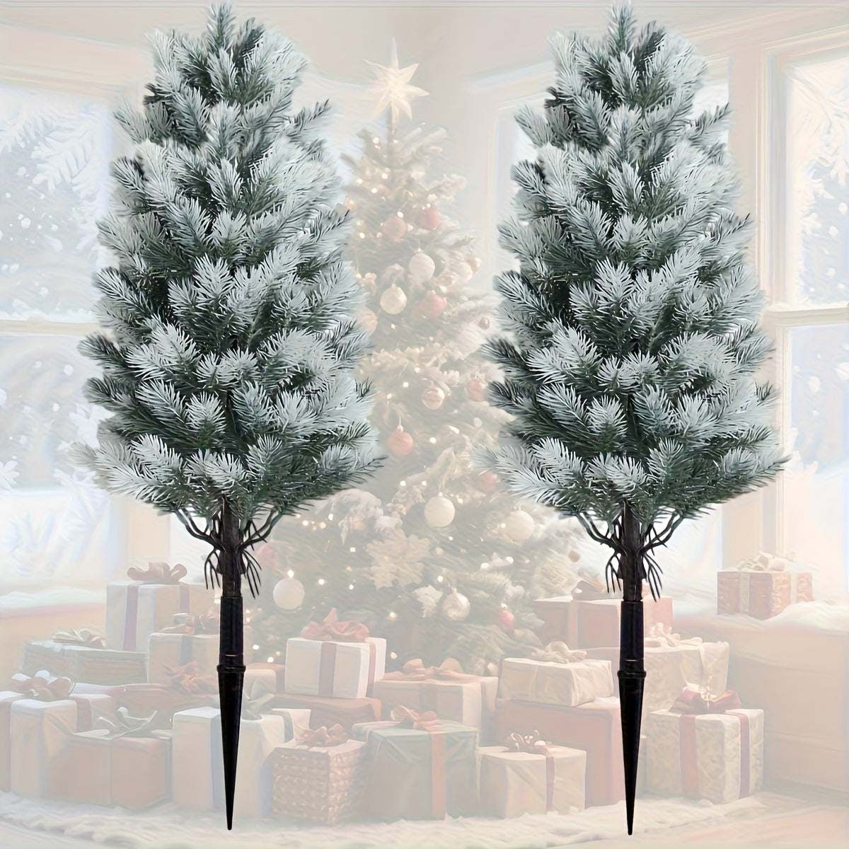 2 Alberi di Natale Artificiali con Base Nera a Spillo - Decorazione Natalizia Realistica per Interni e Esterni