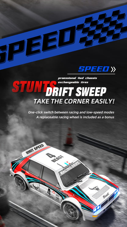 Auto RC 4WD Drift Sportiva - Design da Gara, Luci LED, Pneumatici Sostituibili, 2 Velocità, Shell in Plastica Resistente, Gioco per Adulti e Teenager, Off-Road All-Terrain, Regalo per Appassionati di Drift e Automodellismo