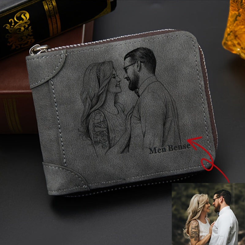 Personalized Men'S Wallet Photo Engraving Custom Faux Leather Zipper Wallet Fashionable Minimalist Suitable for Father, Boyfriend, Husband Gift Holiday Present