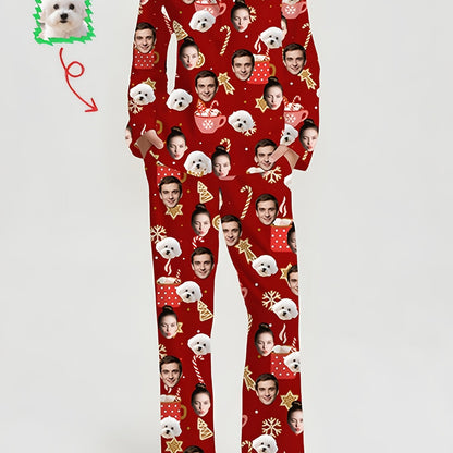 Pigiama Natalizio Personalizzato Donna – Set con Foto, Stampa Cane e Albero di Natale, Design Rosso e Bianco, Morbido e Comodo per le Feste
