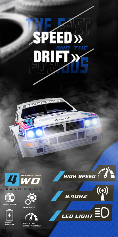 Auto RC 4WD Drift Sportiva - Design da Gara, Luci LED, Pneumatici Sostituibili, 2 Velocità, Shell in Plastica Resistente, Gioco per Adulti e Teenager, Off-Road All-Terrain, Regalo per Appassionati di Drift e Automodellismo