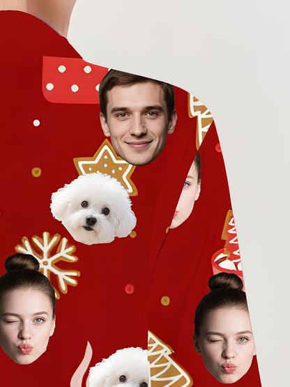 Pigiama Natalizio Personalizzato Donna – Set con Foto, Stampa Cane e Albero di Natale, Design Rosso e Bianco, Morbido e Comodo per le Feste