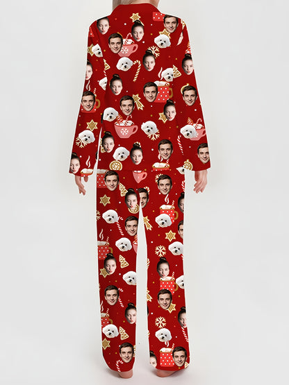 Pigiama Natalizio Personalizzato Donna – Set con Foto, Stampa Cane e Albero di Natale, Design Rosso e Bianco, Morbido e Comodo per le Feste