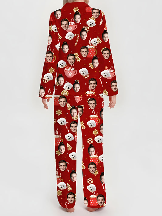 Pigiama Natalizio Personalizzato Donna – Set con Foto, Stampa Cane e Albero di Natale, Design Rosso e Bianco, Morbido e Comodo per le Feste