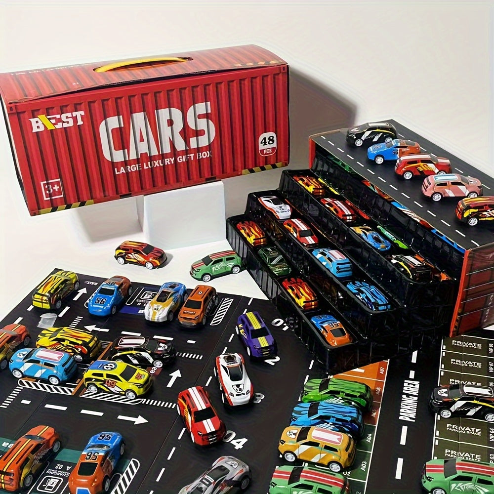 48 Pezzi Auto da Corsa in Simulazione con Edizione da Collezione, Confezione Regalo - Include Mappa, Parcheggio e Circuito con Parcheggio a 4 Piani