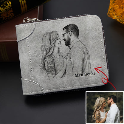 Personalized Men'S Wallet Photo Engraving Custom Faux Leather Zipper Wallet Fashionable Minimalist Suitable for Father, Boyfriend, Husband Gift Holiday Present