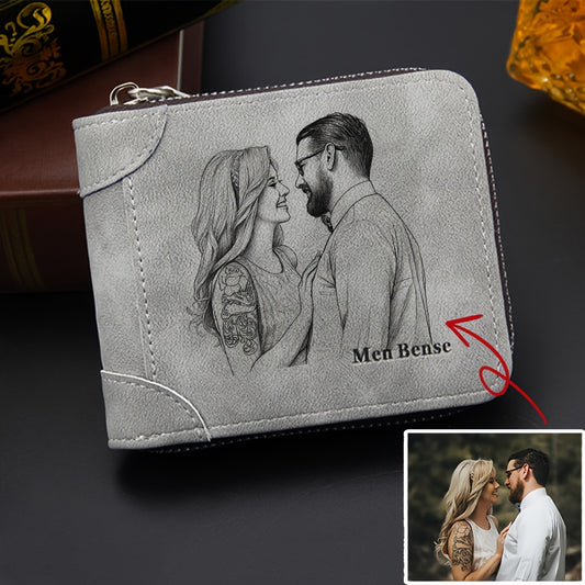 Personalized Men'S Wallet Photo Engraving Custom Faux Leather Zipper Wallet Fashionable Minimalist Suitable for Father, Boyfriend, Husband Gift Holiday Present