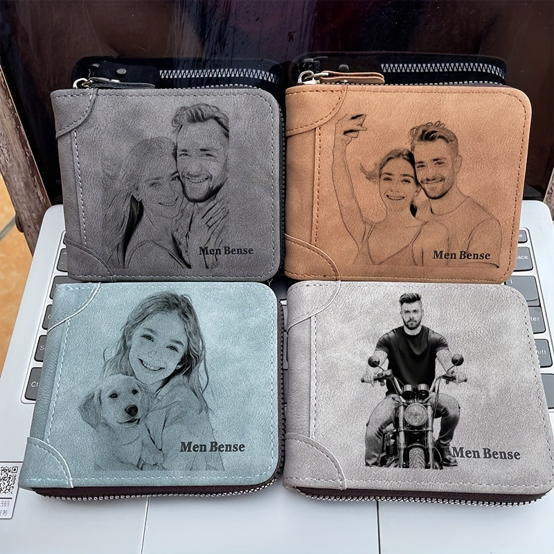 Personalized Men'S Wallet Photo Engraving Custom Faux Leather Zipper Wallet Fashionable Minimalist Suitable for Father, Boyfriend, Husband Gift Holiday Present