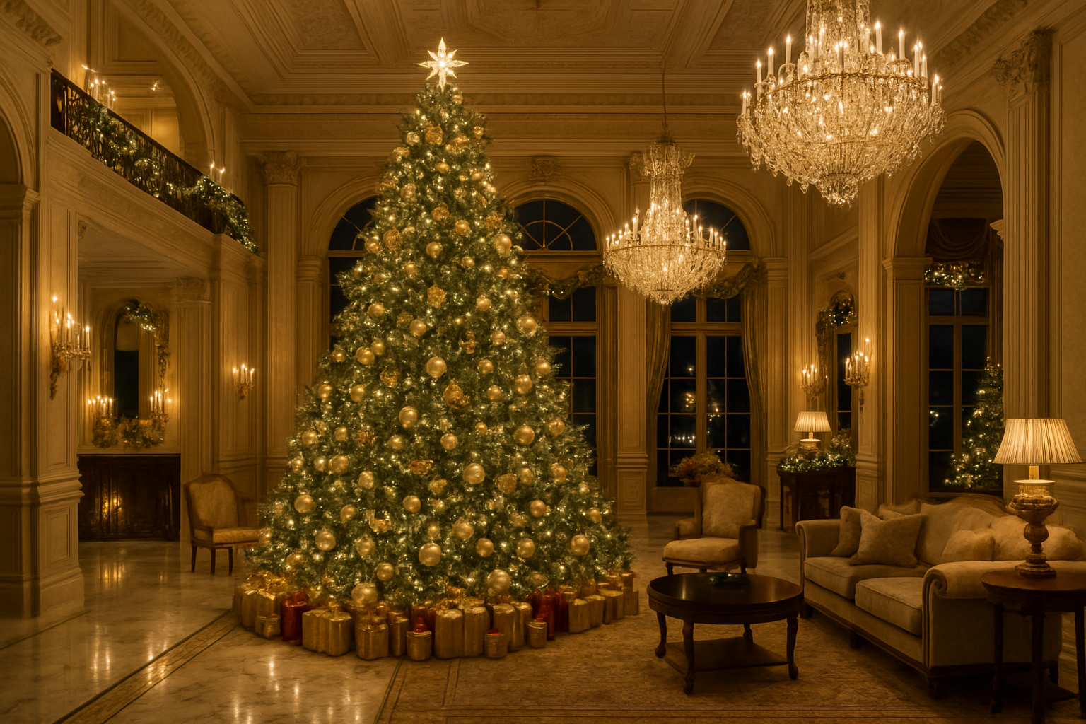 albero di natale ben illuminato in una casa di un bilionario