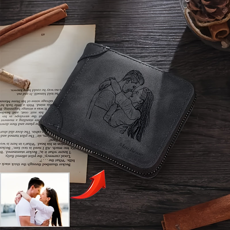 Personalized Men'S Wallet Photo Engraving Custom Faux Leather Zipper Wallet Fashionable Minimalist Suitable for Father, Boyfriend, Husband Gift Holiday Present