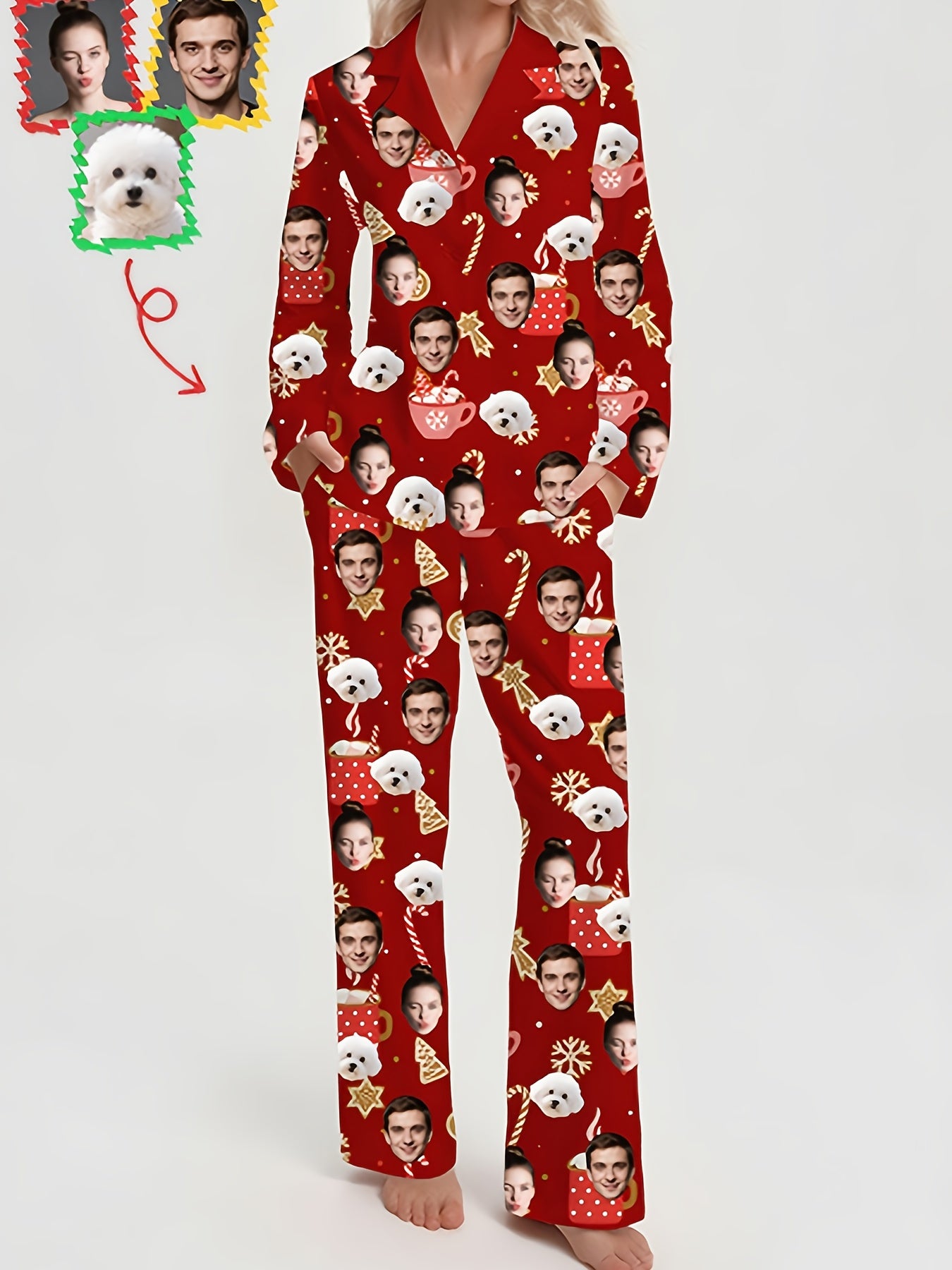Pigiama Natalizio Personalizzato Donna – Set con Foto, Stampa Cane e Albero di Natale, Design Rosso e Bianco, Morbido e Comodo per le Feste