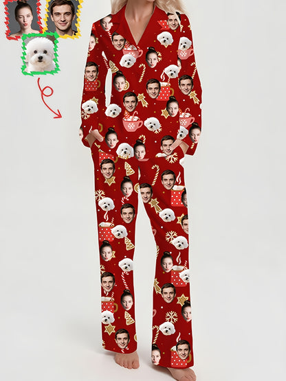 Pigiama Natalizio Personalizzato Donna – Set con Foto, Stampa Cane e Albero di Natale, Design Rosso e Bianco, Morbido e Comodo per le Feste