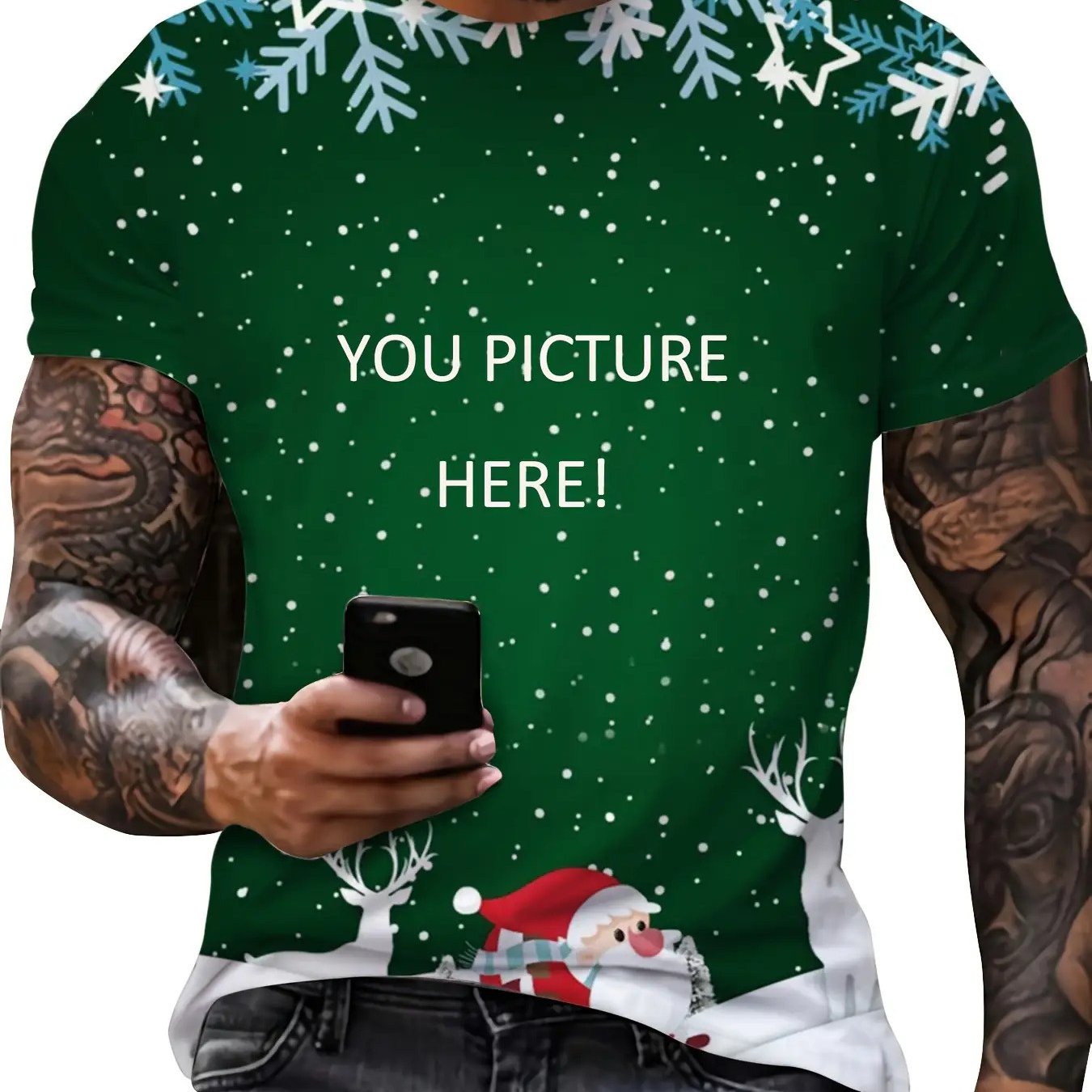 Maglietta di Natale Personalizzata da Uomo 🎄 | Babbo Natale e Fiocchi di Neve