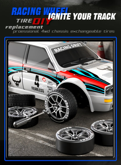 Auto RC 4WD Drift Sportiva - Design da Gara, Luci LED, Pneumatici Sostituibili, 2 Velocità, Shell in Plastica Resistente, Gioco per Adulti e Teenager, Off-Road All-Terrain, Regalo per Appassionati di Drift e Automodellismo
