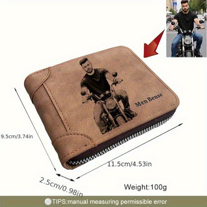 Personalized Men'S Wallet Photo Engraving Custom Faux Leather Zipper Wallet Fashionable Minimalist Suitable for Father, Boyfriend, Husband Gift Holiday Present