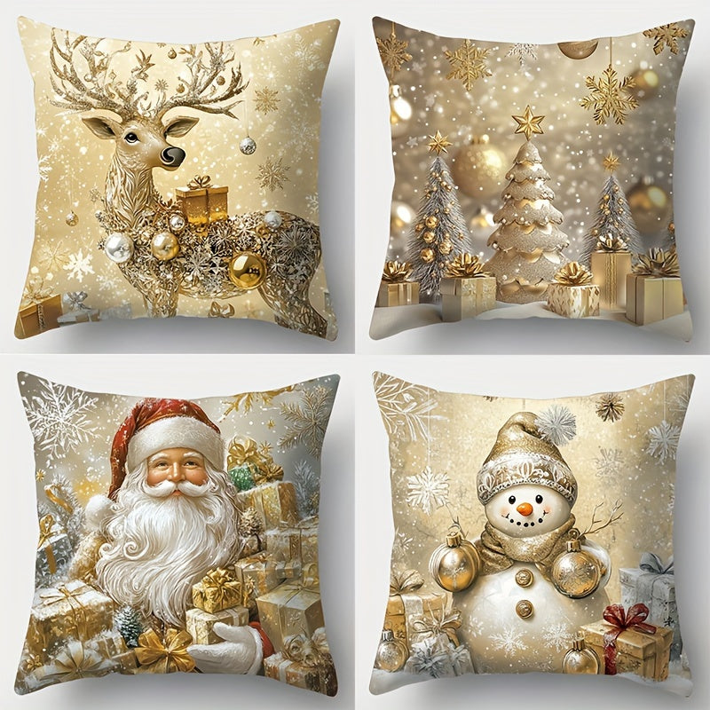 4pcs Christmas pillowcase Golden Santa Claus snowman deer Christmas tree beautiful and practical 4496 cm  4496 cm suitable for home and outdoor sofa decoration living room sofa bedroom zipper pillowcase excluding pillow core
