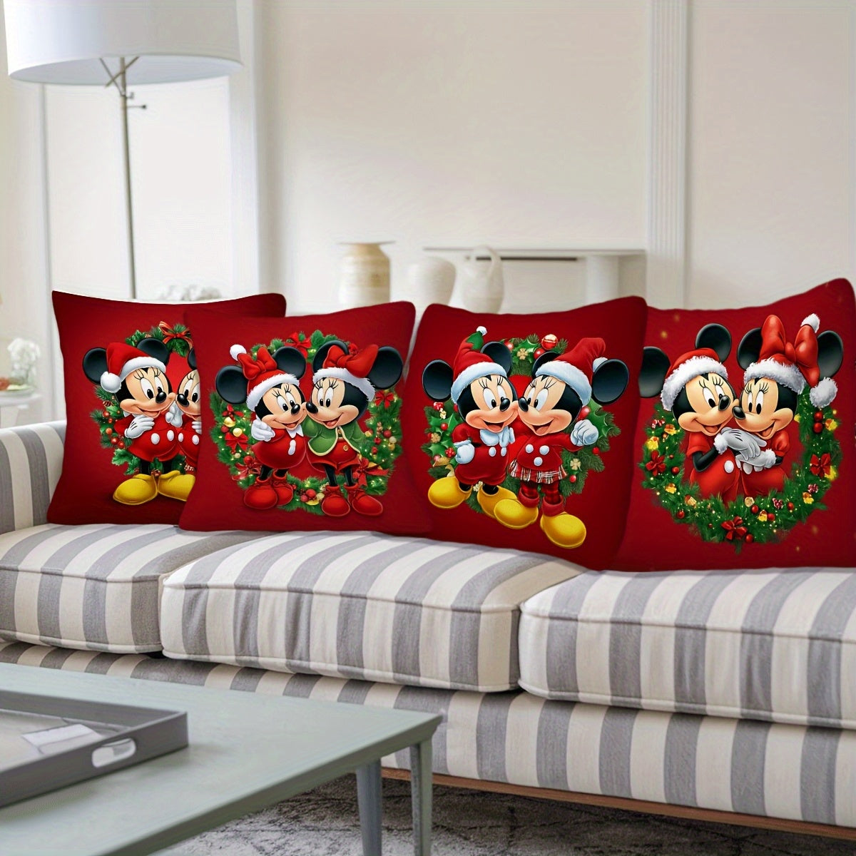 4pcs Mickey  Minnie Christmas Decorative Pillow Covers Disney Modern Home Decor Soft Polyester Peach Fleece Zippered Machine Washable SingleSided Print No Insert Christmas Pillow Covers