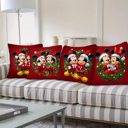 4pcs Mickey  Minnie Christmas Decorative Pillow Covers Disney Modern Home Decor Soft Polyester Peach Fleece Zippered Machine Washable SingleSided Print No Insert Christmas Pillow Covers