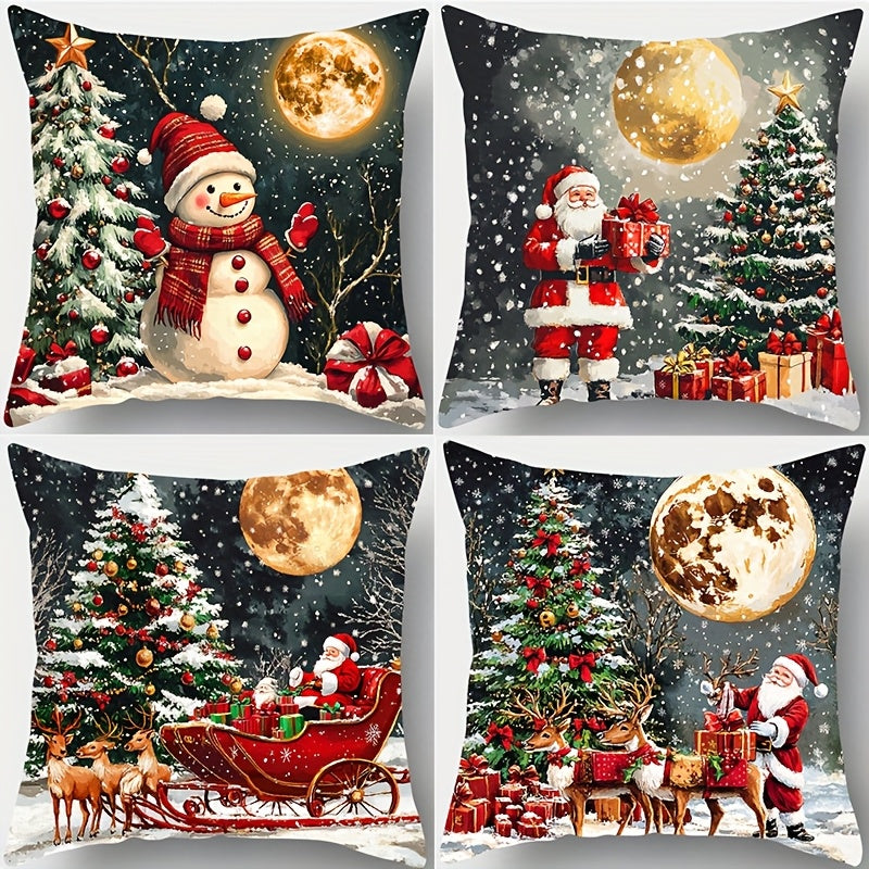 4pcs Christmas Pillow Covers 4Pack Festive Christmas Pillow Covers Contemporary Style Snowman  Reindeer Print Golden Moon Design Soft Polyester Zippered Machine Washable 4501cm Sofa  Bedroom Decor