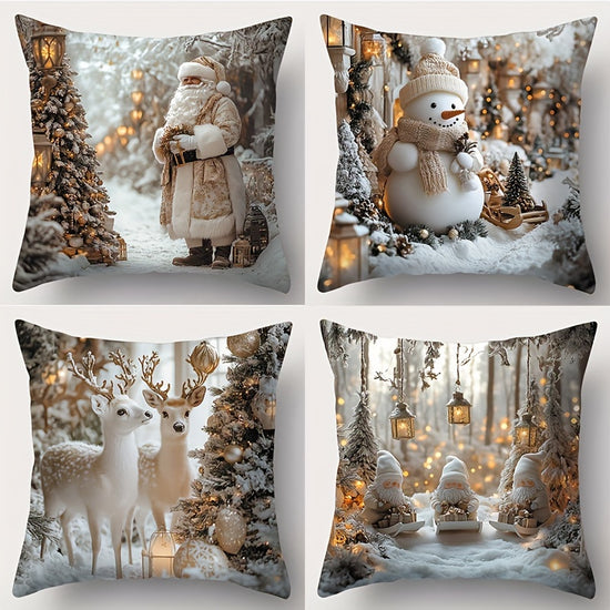 4pcs ChristmasThemed Pillow Covers with Santa Snowman Reindeer  Gnome Designs  2D Flat Print Zipper Closure Machine Washable Polyester Perfect for Holiday Home Decor Christmas Decorations