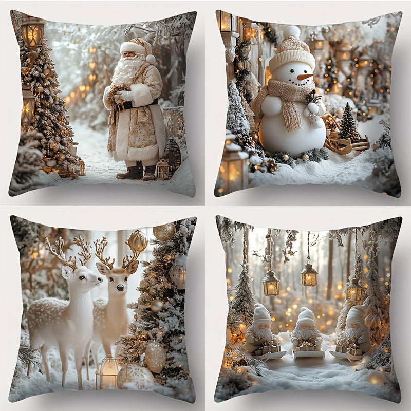 4pcs ChristmasThemed Pillow Covers with Santa Snowman Reindeer  Gnome Designs  2D Flat Print Zipper Closure Machine Washable Polyester Perfect for Holiday Home Decor Christmas Decorations