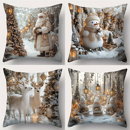 4pcs ChristmasThemed Pillow Covers with Santa Snowman Reindeer  Gnome Designs  2D Flat Print Zipper Closure Machine Washable Polyester Perfect for Holiday Home Decor Christmas Decorations