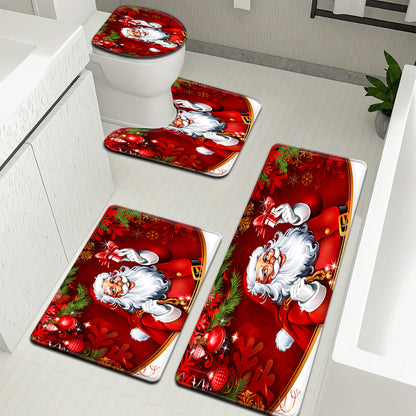 3pcs4pcs Christmas Series Santa Claus Pattern Bathroom Mat Set Toilet Lid Cover and Rug UShaped Bath Decor