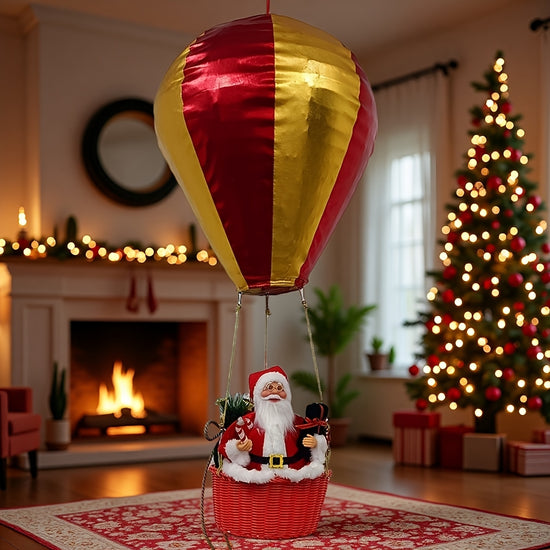 1pc 35Inch Santa Claus Riding Hot Air Balloon Christmas Decoration  Durable Polyester IndoorOutdoor Holiday Decor with Red  Golden Striped Design No Electricity Needed Perfect for Home Hotel or Party Decorations Christmas Decorations
