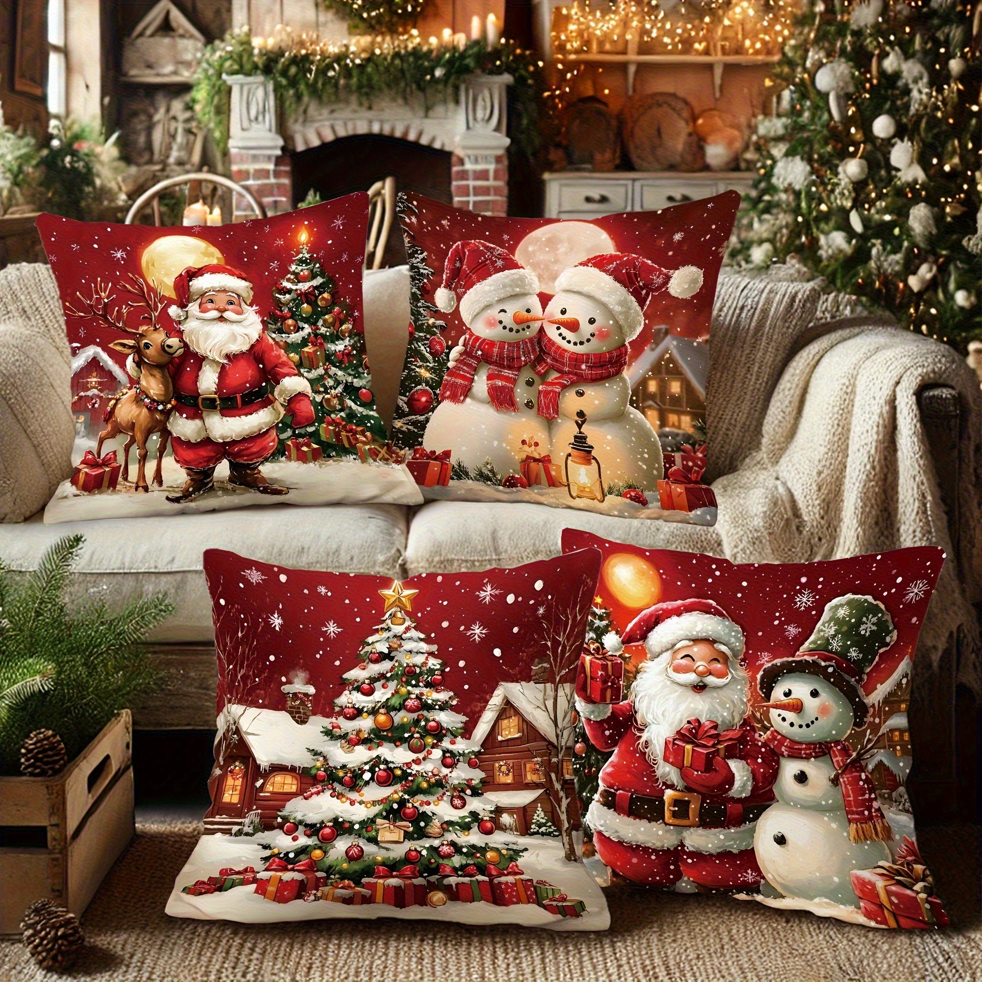 4pcs Festive Christmas Pillow Covers  Santa  Snowman Designs DoubleSided Print Zipper Closure Machine Washable Polyester  Ideal for Holiday Decor No Insert Included Christmas Pillow Covers