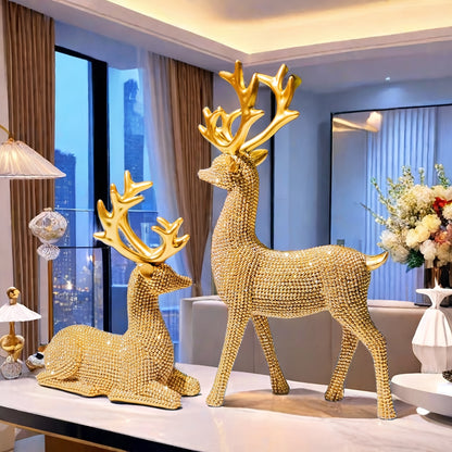 2025 Christmas Reindeer Figurines  Golden Beaded Resin Crafts Perfect for Holiday Decor  Gifts Ideal for Living Room Wine Cabinet and Desktop Display Peaceful Deer Furniture