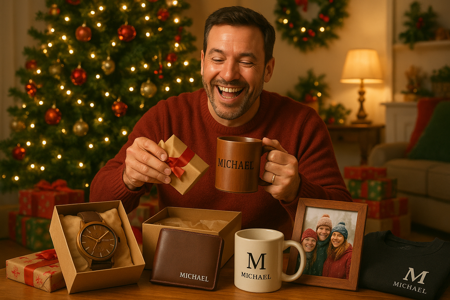 regali per lui personalizzabili e uomo che e felice di ricevere regalo di natale
