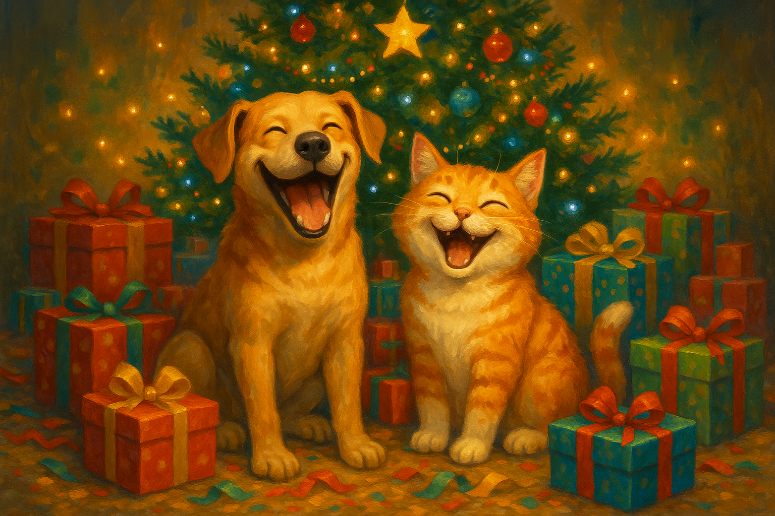 un cane e un gatto che ridono in mezzo a tanti regali e sotto l albero di natale
